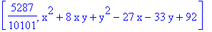 [5287/10101, x^2+8*x*y+y^2-27*x-33*y+92]